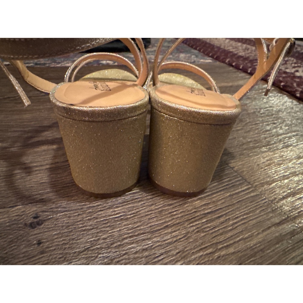 American Glamour Badgley Mischka Gold Glitter Rhinestone Block Heel Sandals 9.5 - Picture 6 of 13